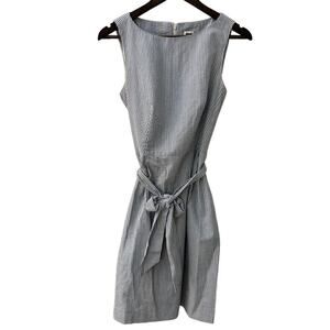 Anne Klein Seersucker Sleeveless Shirt Dress Size 4 Blue White Pockets Hamptons